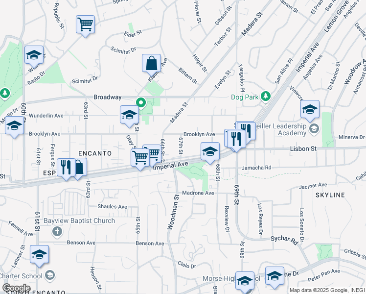 map of restaurants, bars, coffee shops, grocery stores, and more near 639 67th Street in San Diego