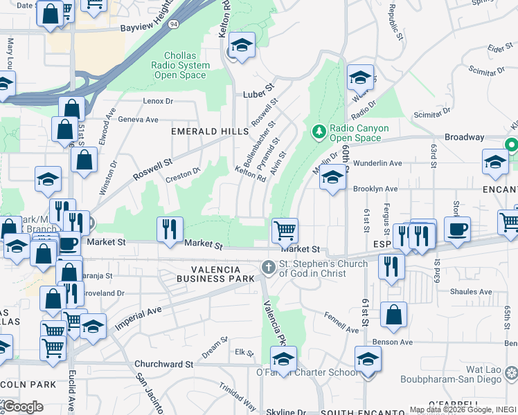 map of restaurants, bars, coffee shops, grocery stores, and more near 656 Alvin Street in San Diego