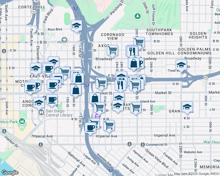 map of restaurants, bars, coffee shops, grocery stores, and more near 625 22nd Street in San Diego