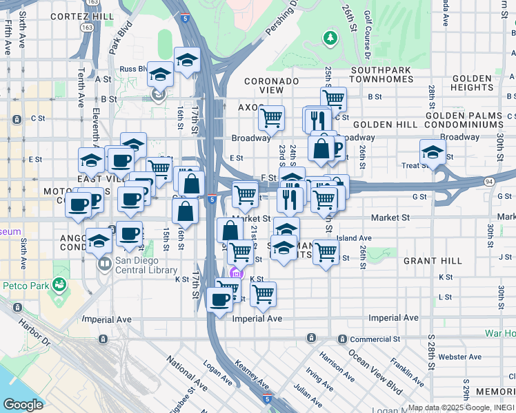 map of restaurants, bars, coffee shops, grocery stores, and more near 625 22nd Street in San Diego