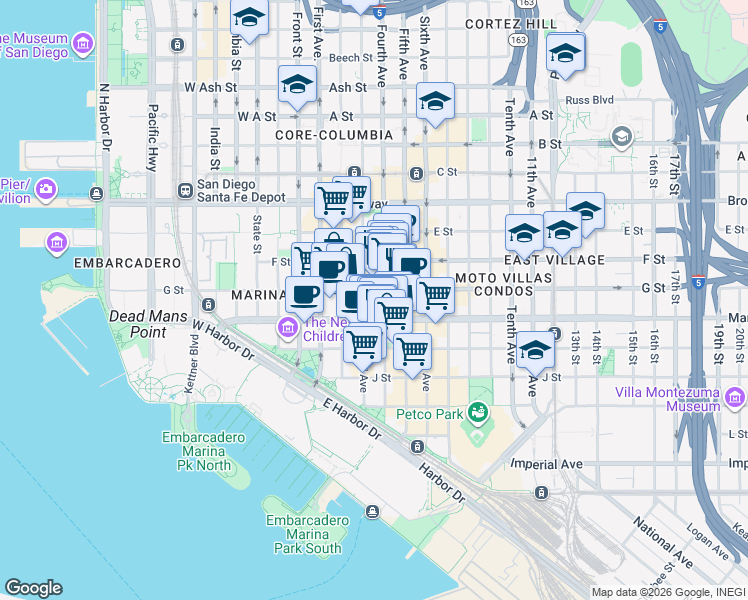 map of restaurants, bars, coffee shops, grocery stores, and more near 606 Third Avenue in San Diego