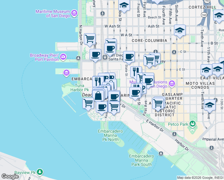 map of restaurants, bars, coffee shops, grocery stores, and more near West Harbor Drive in San Diego