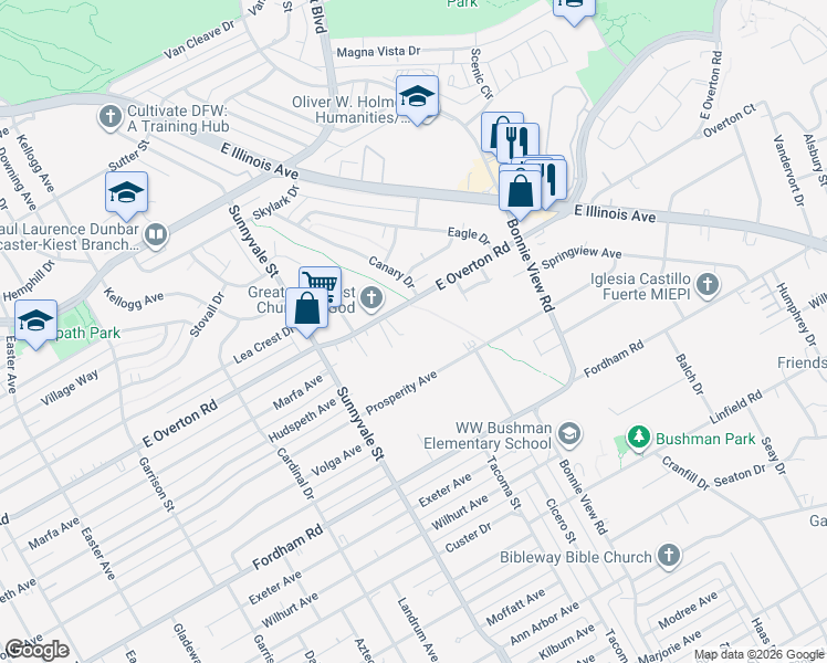 map of restaurants, bars, coffee shops, grocery stores, and more near 2788 East Overton Road in Dallas