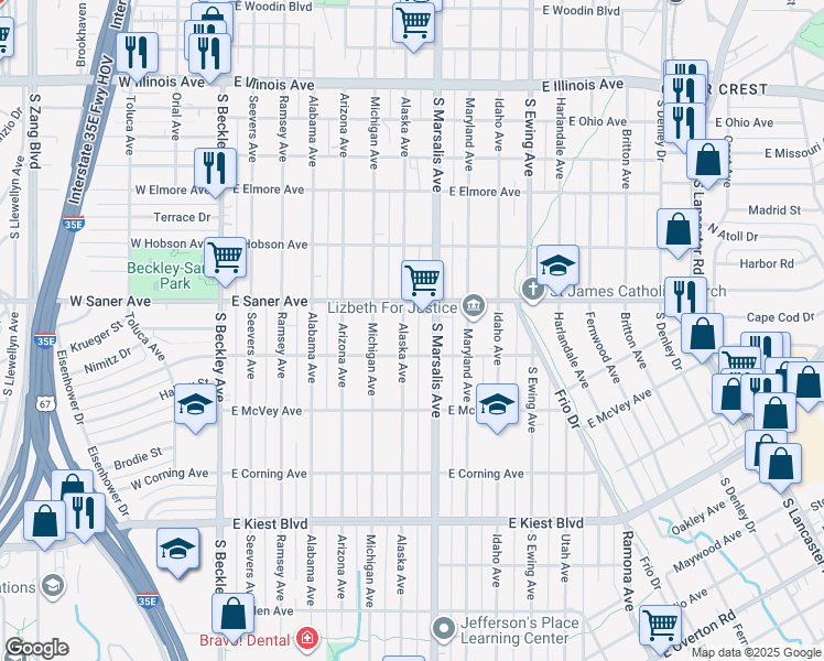 map of restaurants, bars, coffee shops, grocery stores, and more near 2831 Alaska Avenue in Dallas