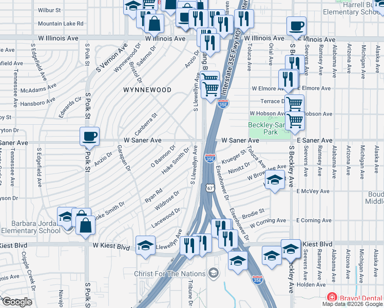 map of restaurants, bars, coffee shops, grocery stores, and more near 2832 South Llewellyn Avenue in Dallas