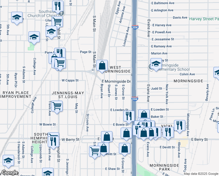 map of restaurants, bars, coffee shops, grocery stores, and more near 2730 Stuart Drive in Fort Worth