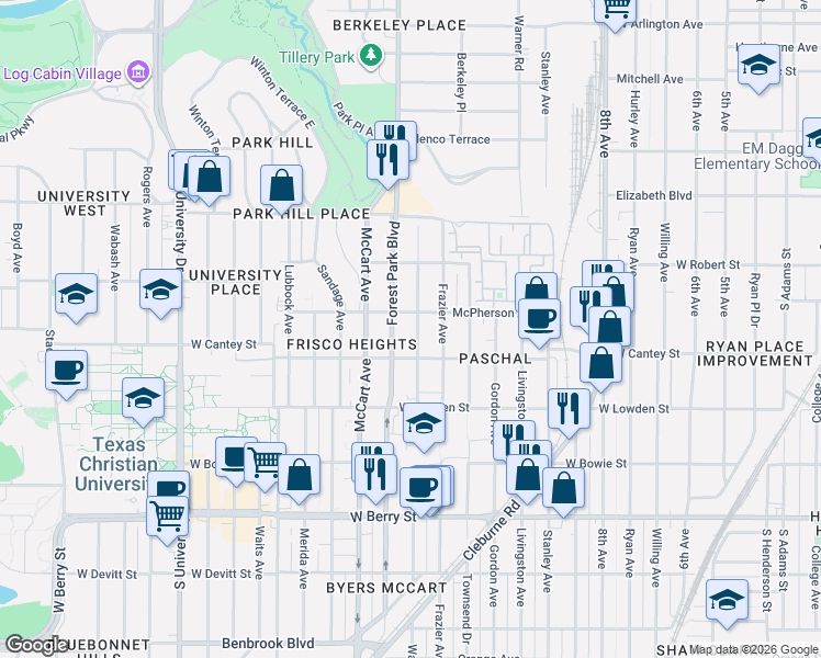 map of restaurants, bars, coffee shops, grocery stores, and more near 2716 Wayside Avenue in Fort Worth
