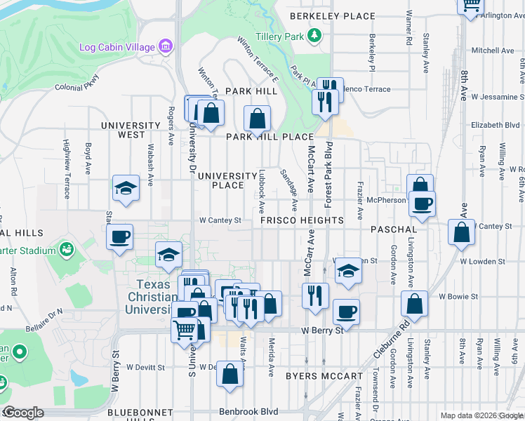 map of restaurants, bars, coffee shops, grocery stores, and more near 2721 Lubbock Avenue in Fort Worth