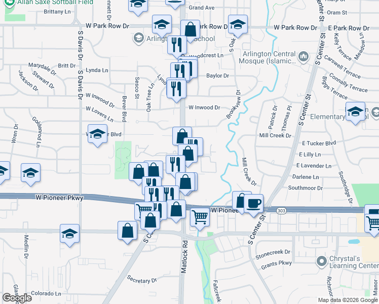 map of restaurants, bars, coffee shops, grocery stores, and more near 2005 South Cooper Street in Arlington