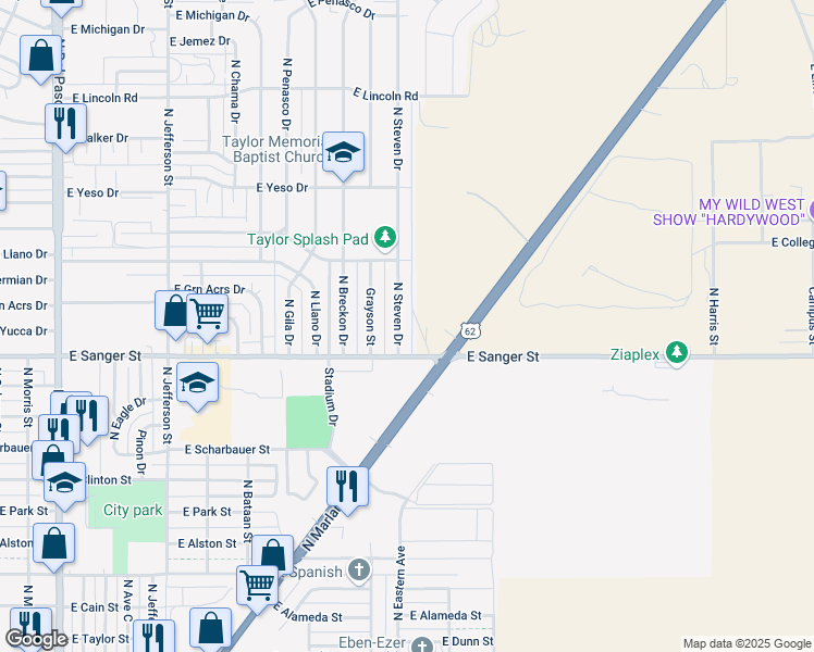 map of restaurants, bars, coffee shops, grocery stores, and more near 1123 N Steven Dr in Hobbs