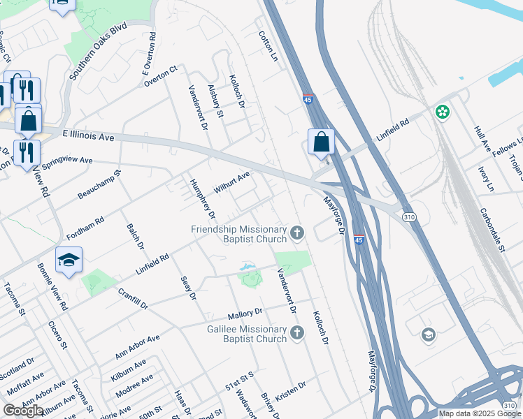 map of restaurants, bars, coffee shops, grocery stores, and more near 3406 Linfield Road in Dallas