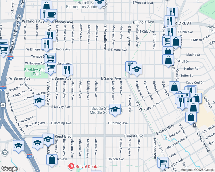 map of restaurants, bars, coffee shops, grocery stores, and more near 2830 South Marsalis Avenue in Dallas