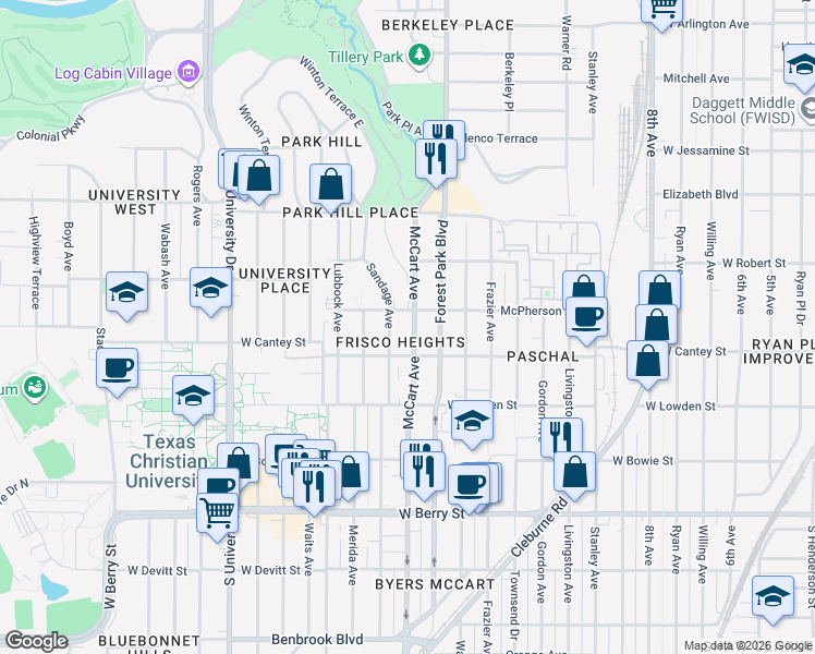 map of restaurants, bars, coffee shops, grocery stores, and more near 2723 Mc Cart Avenue in Fort Worth