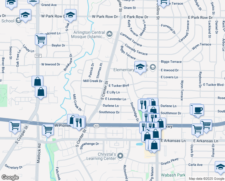 map of restaurants, bars, coffee shops, grocery stores, and more near 411 East Lilly Lane in Arlington