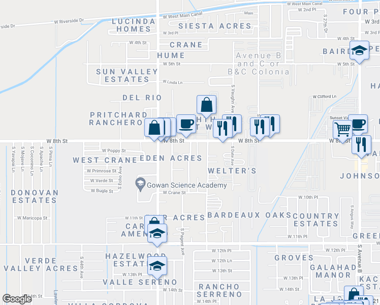map of restaurants, bars, coffee shops, grocery stores, and more near 814 South Pagent Avenue in Yuma