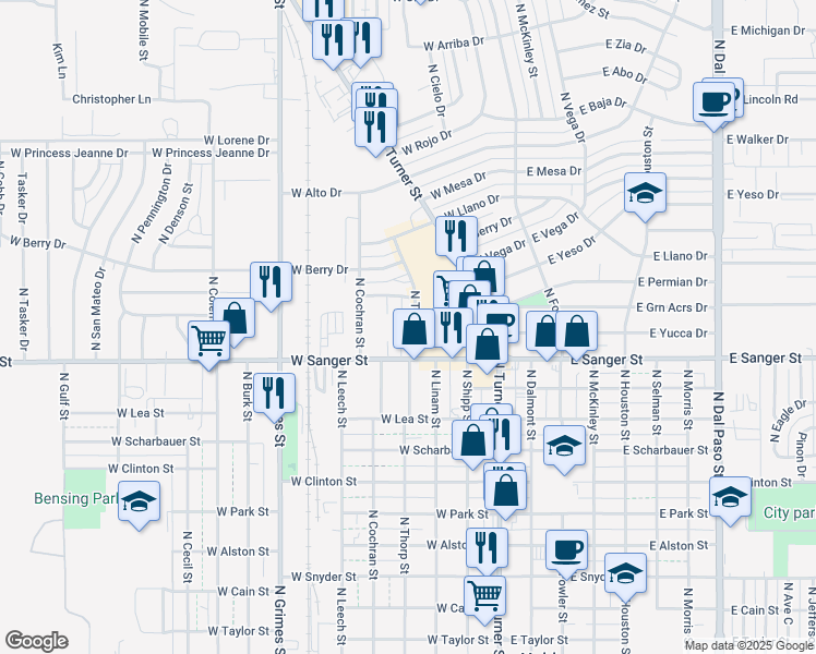 map of restaurants, bars, coffee shops, grocery stores, and more near 1111 North Thorp Street in Hobbs
