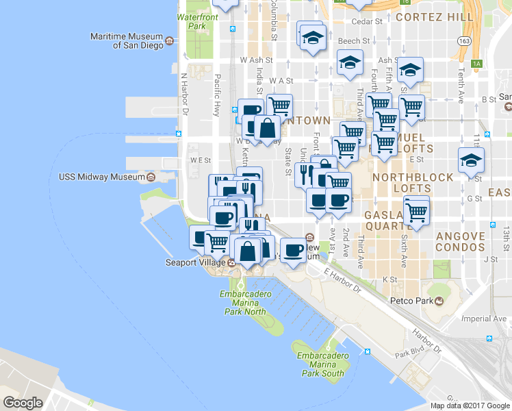 map of restaurants, bars, coffee shops, grocery stores, and more near West Harbor Drive in San Diego