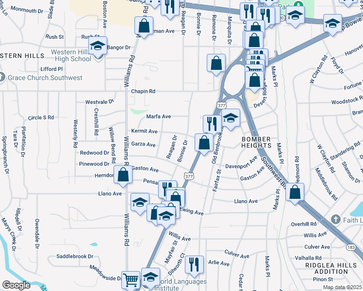 map of restaurants, bars, coffee shops, grocery stores, and more near 3917 Bonnie Drive in Fort Worth