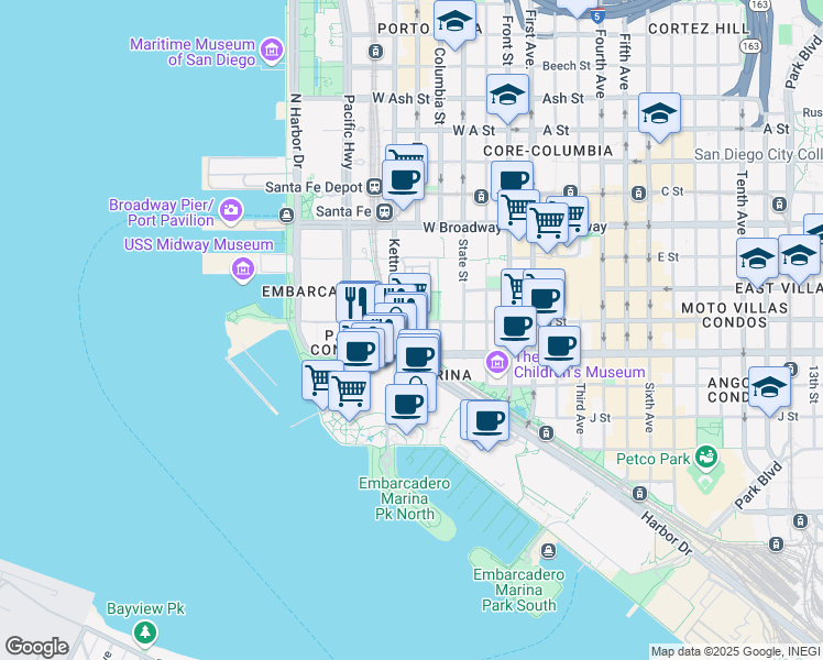 map of restaurants, bars, coffee shops, grocery stores, and more near in San Diego