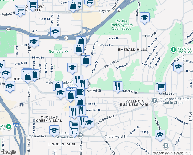 map of restaurants, bars, coffee shops, grocery stores, and more near 5229 Roswell Street in San Diego