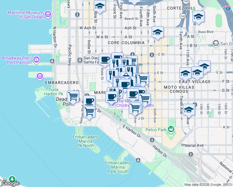 map of restaurants, bars, coffee shops, grocery stores, and more near 600 Front Street in San Diego