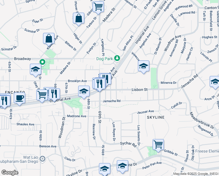 map of restaurants, bars, coffee shops, grocery stores, and more near 6955 Lisbon Street in San Diego