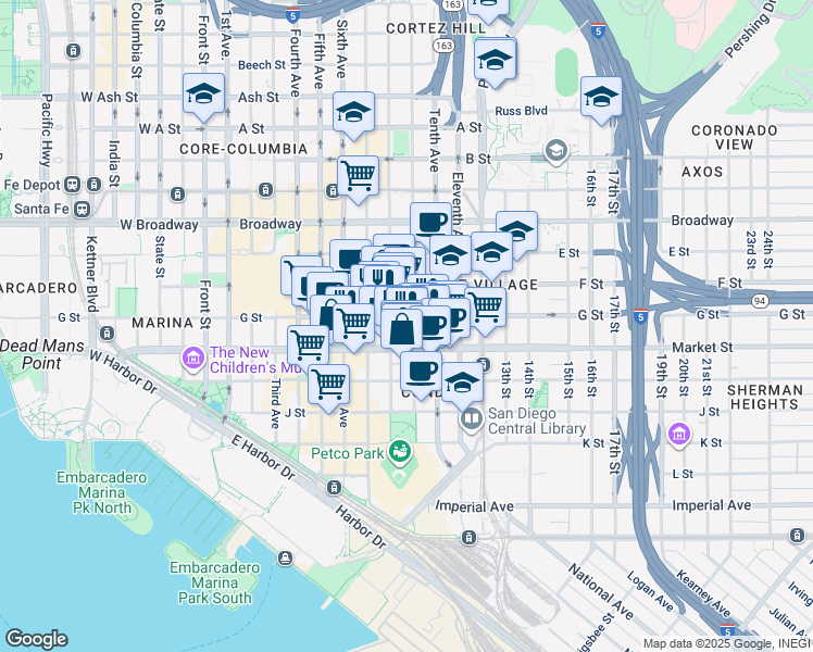 map of restaurants, bars, coffee shops, grocery stores, and more near 875 G Street in San Diego
