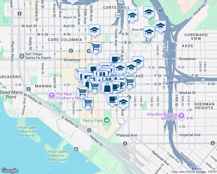 map of restaurants, bars, coffee shops, grocery stores, and more near in San Diego