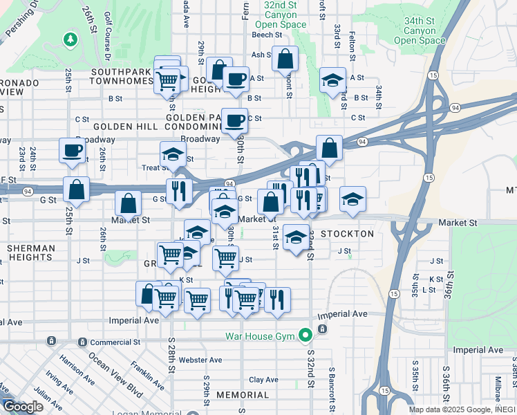 map of restaurants, bars, coffee shops, grocery stores, and more near 3035 G Street in San Diego