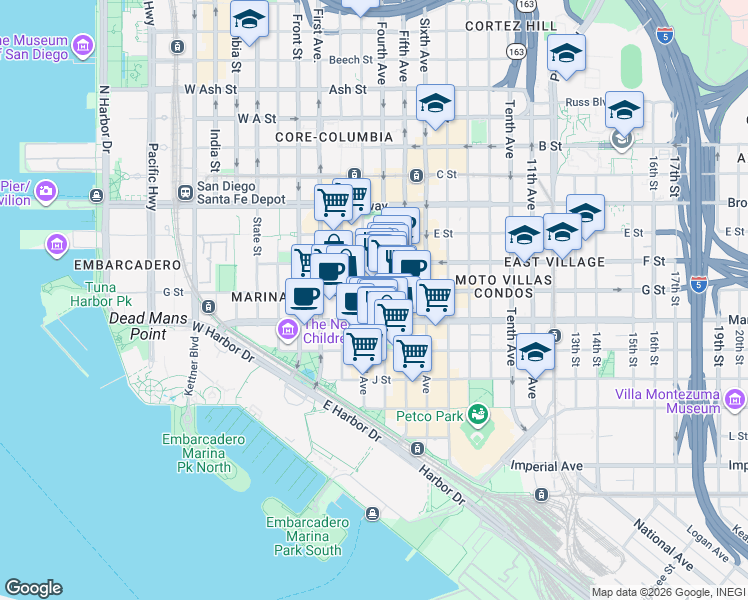map of restaurants, bars, coffee shops, grocery stores, and more near 333 G Street in San Diego