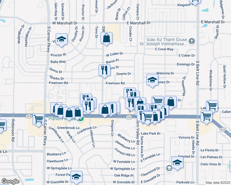 map of restaurants, bars, coffee shops, grocery stores, and more near 150 12 Oaks Blvd in Grand Prairie