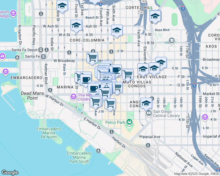 map of restaurants, bars, coffee shops, grocery stores, and more near 664 Fifth Avenue in San Diego