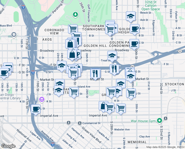 map of restaurants, bars, coffee shops, grocery stores, and more near 2672 Market Street in San Diego