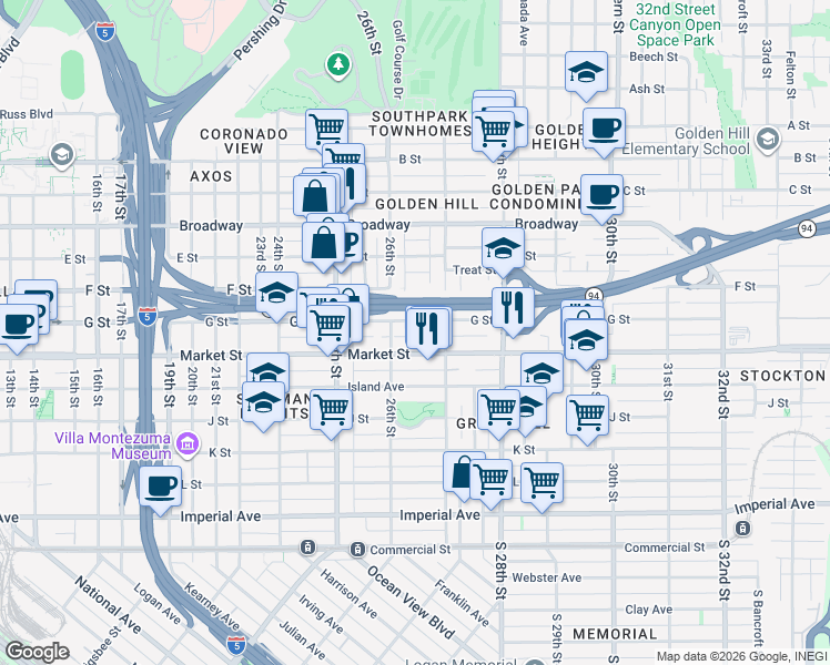 map of restaurants, bars, coffee shops, grocery stores, and more near 2672 Market Street in San Diego