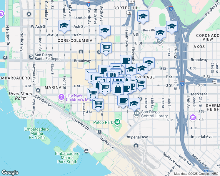 map of restaurants, bars, coffee shops, grocery stores, and more near 632 Eighth Avenue in San Diego