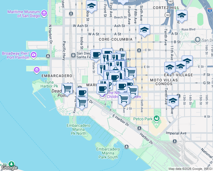 map of restaurants, bars, coffee shops, grocery stores, and more near 600 Front Street in San Diego