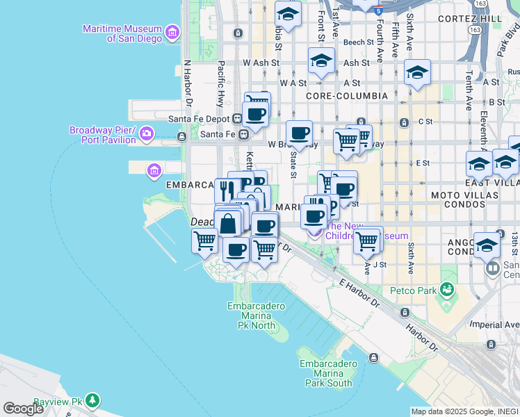 map of restaurants, bars, coffee shops, grocery stores, and more near West Harbor Drive in San Diego