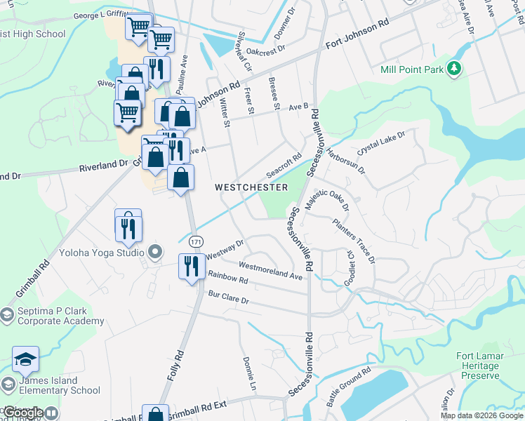 map of restaurants, bars, coffee shops, grocery stores, and more near 1470 Woodview Lane in Charleston