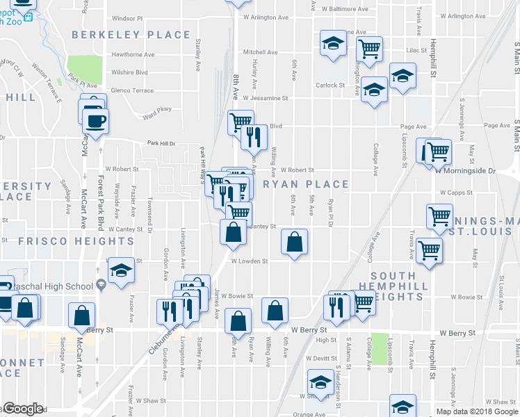 map of restaurants, bars, coffee shops, grocery stores, and more near 2737 Ryan Avenue in Fort Worth