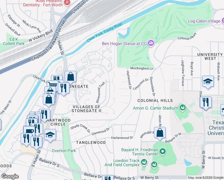 map of restaurants, bars, coffee shops, grocery stores, and more near 2632 Torrey Pines Drive in Fort Worth