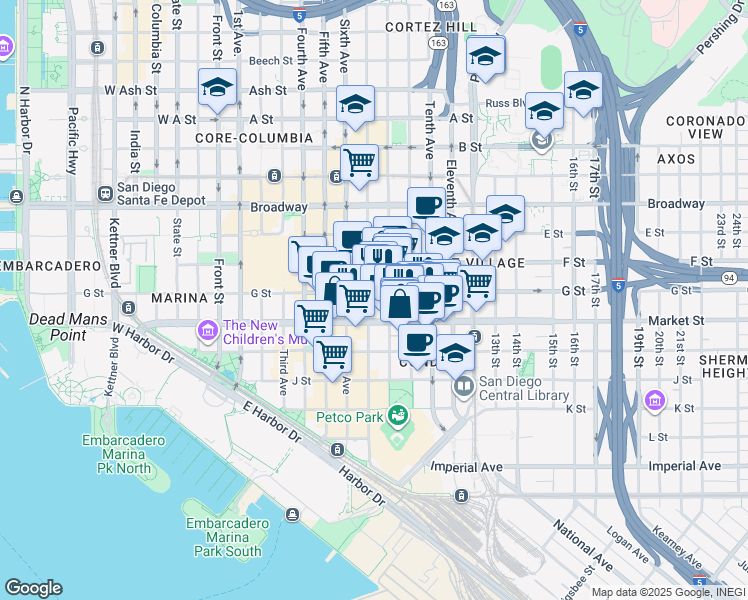 map of restaurants, bars, coffee shops, grocery stores, and more near 632 Eighth Avenue in San Diego