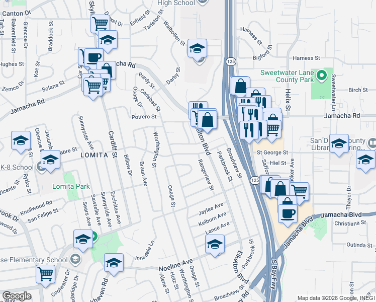 map of restaurants, bars, coffee shops, grocery stores, and more near 8840 Delrose Avenue in Spring Valley