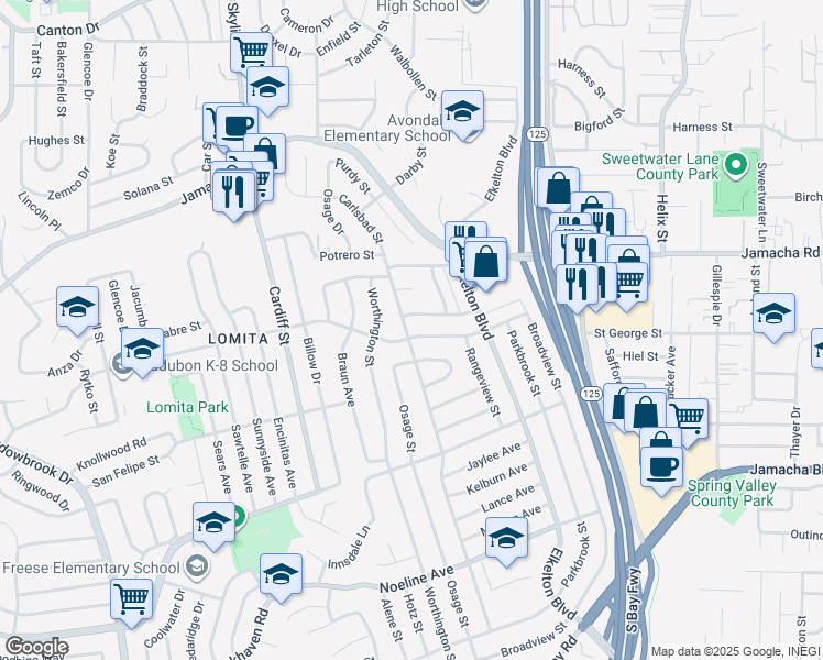 map of restaurants, bars, coffee shops, grocery stores, and more near 1011 Carlsbad Street in Spring Valley