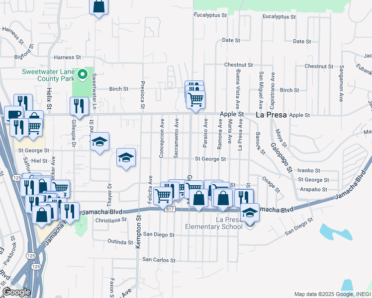 map of restaurants, bars, coffee shops, grocery stores, and more near 817 Sacramento Avenue in Spring Valley