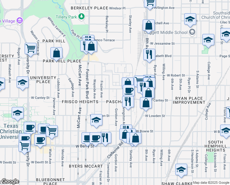 map of restaurants, bars, coffee shops, grocery stores, and more near 2710 Gordon Avenue in Fort Worth
