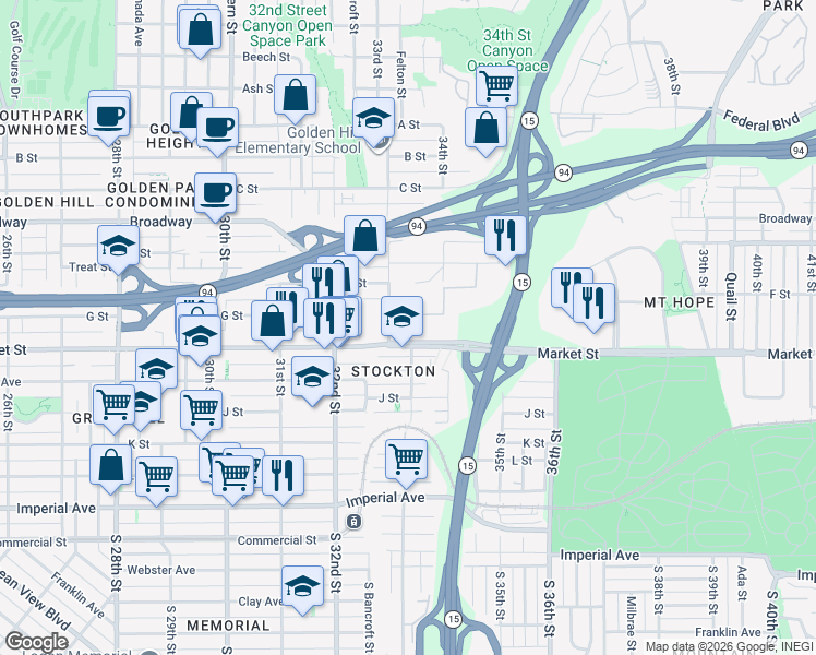 map of restaurants, bars, coffee shops, grocery stores, and more near 32 33rd Street in San Diego
