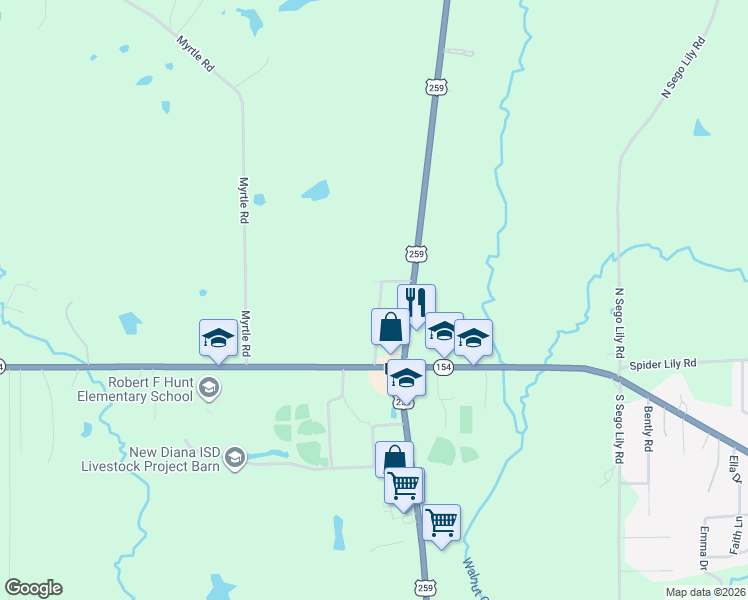 map of restaurants, bars, coffee shops, grocery stores, and more near 1491 Teachers Ridge Road in Diana