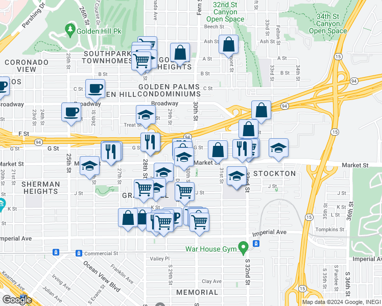 map of restaurants, bars, coffee shops, grocery stores, and more near 631 30th Street in San Diego