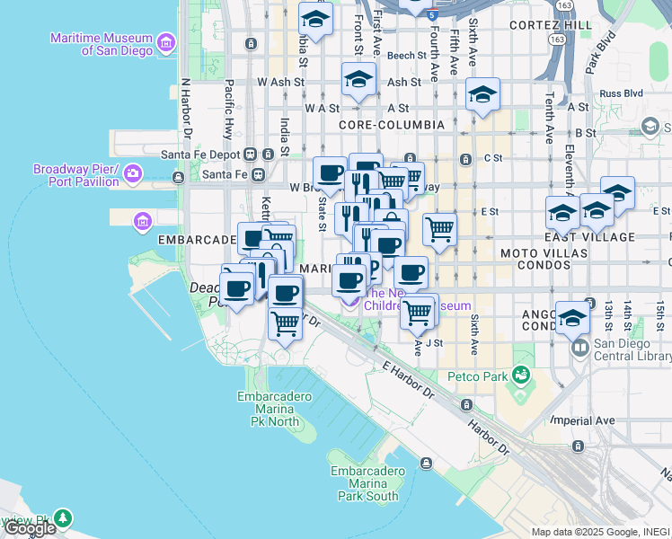 map of restaurants, bars, coffee shops, grocery stores, and more near 633 State Street in San Diego