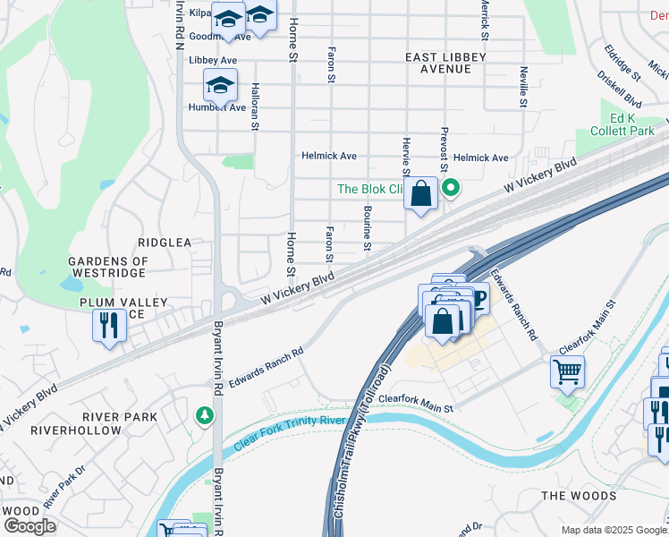 map of restaurants, bars, coffee shops, grocery stores, and more near 5518 West Vickery Boulevard in Fort Worth